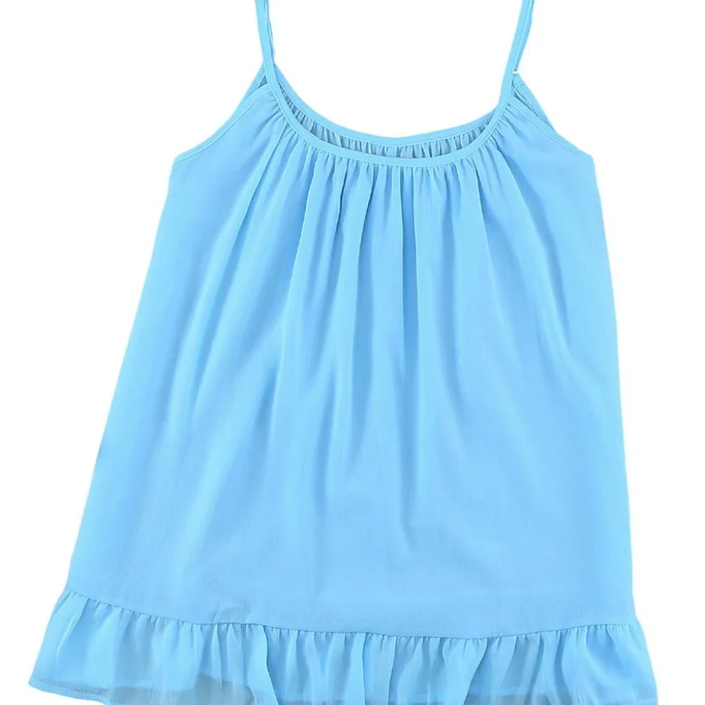 Light Blue Spaghetti Straps Pleated Ruffled Tank Top - Picture 6 of 13